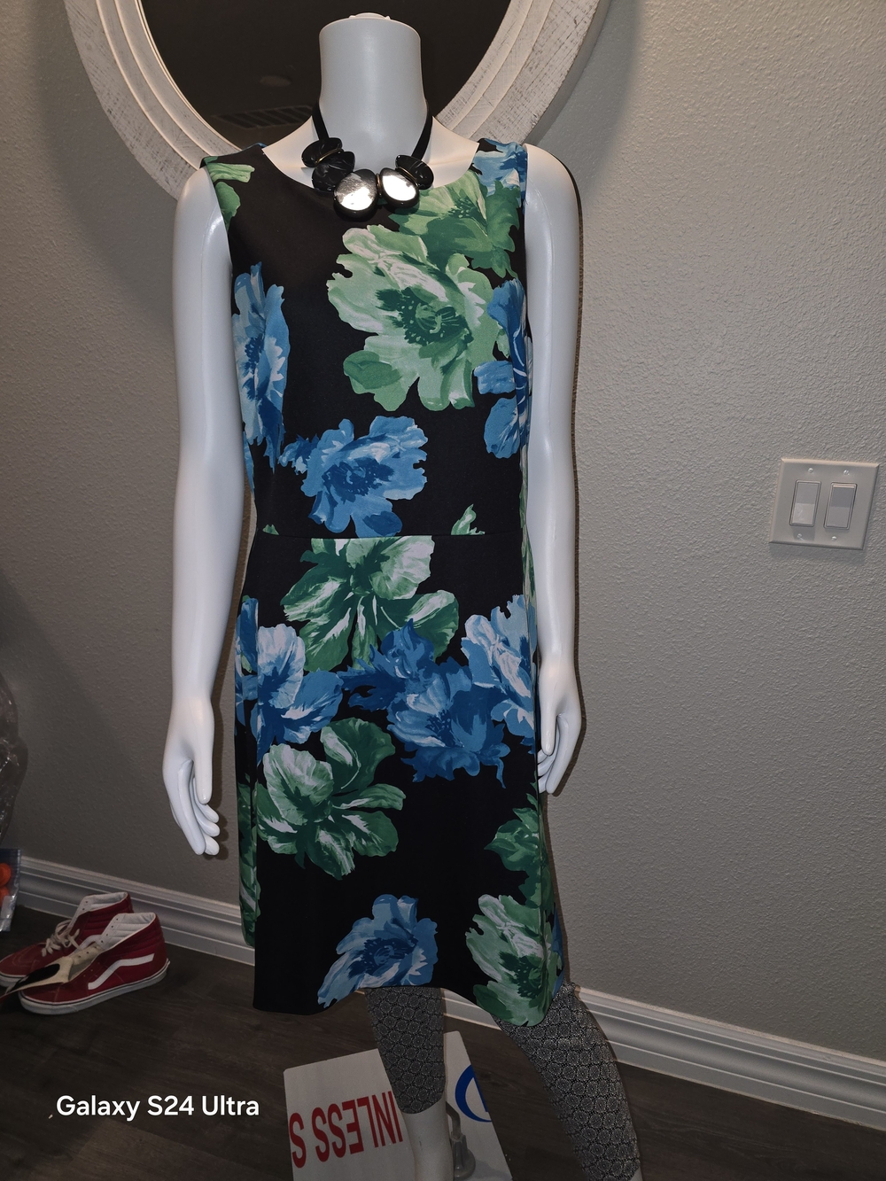 Tahari Black Midi Dress with Blue & Green Floral Print